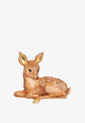Ceramic figurine of a resting fawn, features golden accents on ears, brown body with white spots, smooth texture, and realistic details.