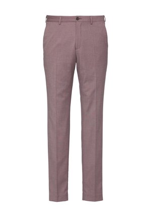 Tailored trousers in a light mauve hue. Made from a fine-textured fabric, featuring a flat front, zipper fly, and a single button closure.