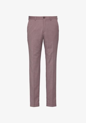 Maßgeschneiderte Hose in einem hellen Mauve-Ton. Hergestellt aus einem fein strukturierten Stoff, mit flacher Vorderseite, Reißverschluss und einem einzelnen Knopfverschluss.