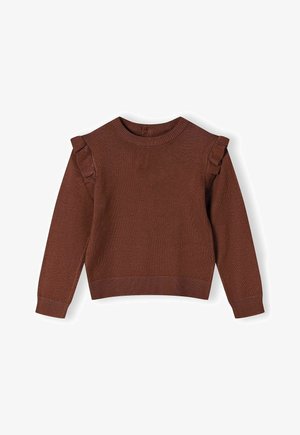 Pull tricot marron à manches longues avec encolure ronde et petits détails de volants sur les coutures des épaules.