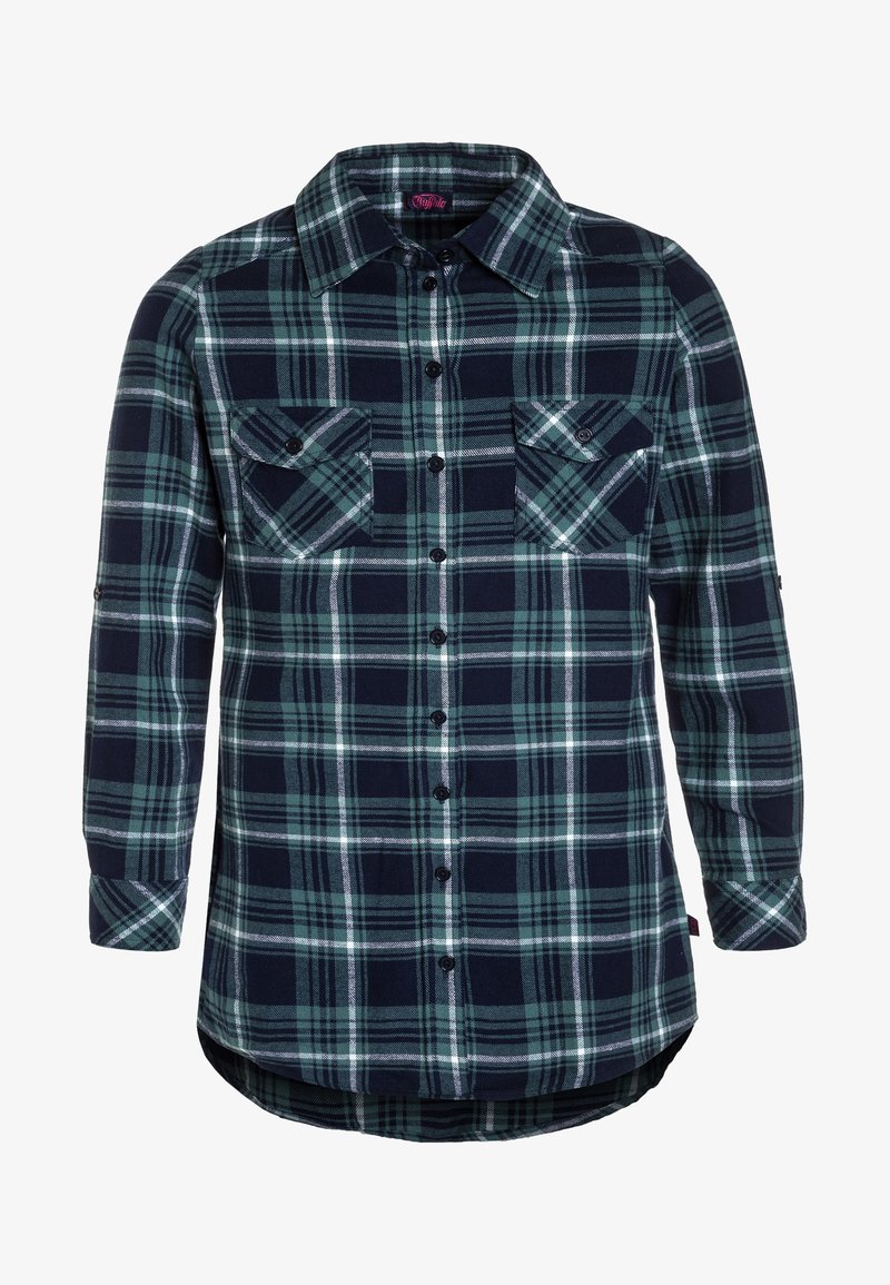 Koszula z długim rękawem, zapinana na guziki, w kratkę w kolorach granatowym, zielonym i białym, z dwiema kieszeniami na klatce piersiowej zapinanymi na guziki oraz zaokrąglonym dołem.