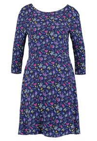 Navy dress with a scoop neckline and three-quarter sleeves. Features a floral pattern in pink, blue, and green on a dark background.