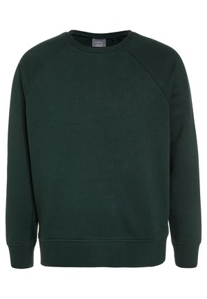 Dunkelgrünes Sweatshirt mit Rundhalsausschnitt, langen Raglanärmeln sowie gerippten Bündchen und Saum, ohne sichtbare Muster oder Logos.