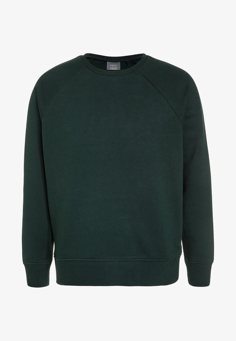 Sweat-shirt vert foncé à col rond avec manches raglan longues et poignets et ourlet côtelés, sans motifs ni logos visibles.