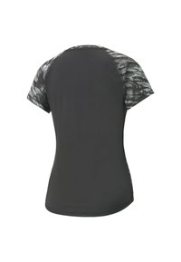 Kortärmad träningströja med en helsvart kropp och mönstrade grå ärmar. Har elastisk tyg och en åtsittande design för rörelsefrihet.