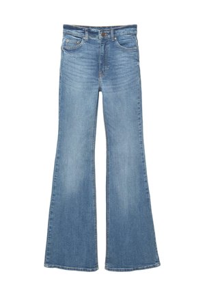 Modré zvonové džínsy s jemným umytím, s klasickým pasem, předními kapsami a jemným vyblednutím.