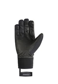 Zwarte geïsoleerde handschoen met leren palm en stoffen achterkant. Heeft een strakke manchet en een polsband met het label "Ziener." Gedetailleerde stiksels op de vingers.