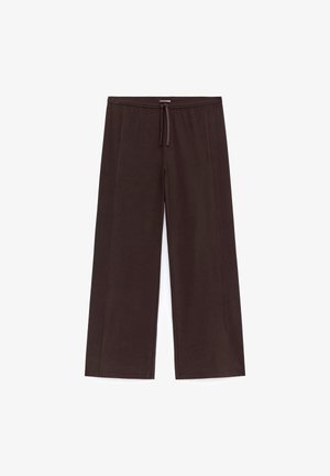 Wide-leg pants in dark brown fabric with an elastic waistband and a drawstring. Smooth texture, minimal detailing with side seams.