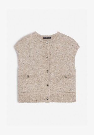 Beige knitted cardigan with short sleeves, five silver buttons, and two front pockets. Soft texture with a speckled pattern.