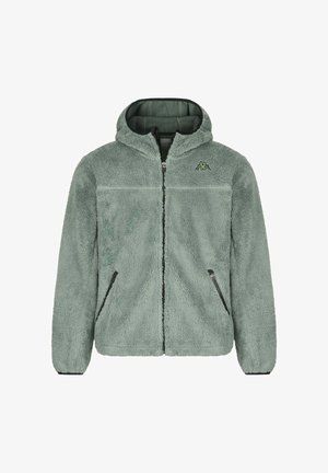 Felpa con cappuccio in verde tenue, con zip frontale, cappuccio regolabile e due tasche laterali con zip. Texture morbida e finitura con logo sul petto.