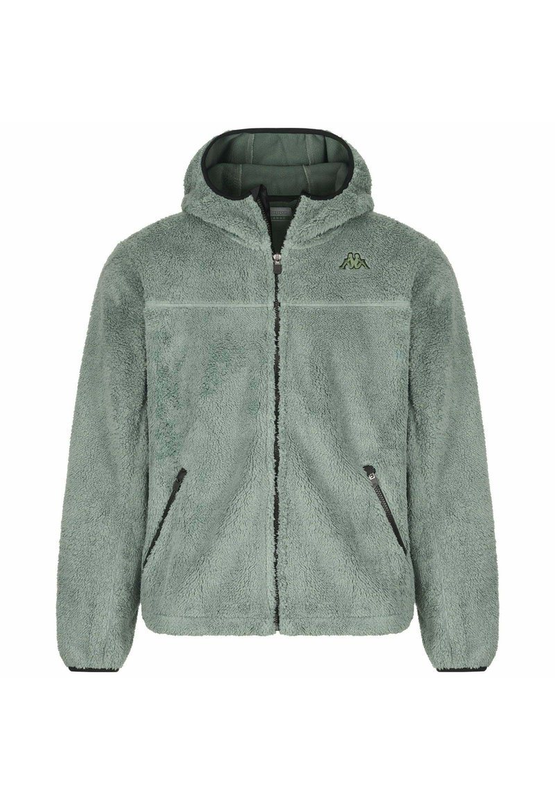 Felpa con cappuccio in verde tenue, con zip frontale, cappuccio regolabile e due tasche laterali con zip. Texture morbida e finitura con logo sul petto.