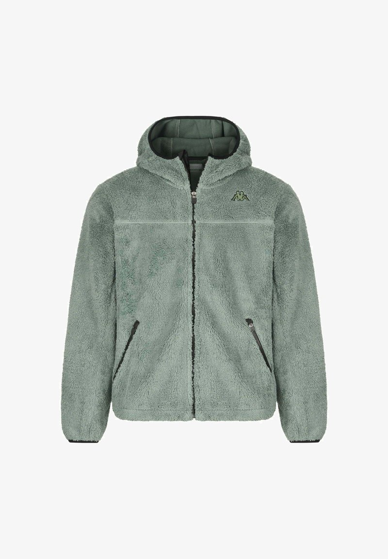 Felpa con cappuccio in verde tenue, con zip frontale, cappuccio regolabile e due tasche laterali con zip. Texture morbida e finitura con logo sul petto.