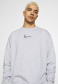 Grå sweatshirt lavet af en bomuldsblanding, med rund hals, lange ærmer og et sort signaturlogo på brystet. Glat tekstur.