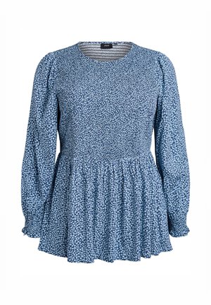 Blaue Bluse mit Blumenmuster aus leichtem Stoff. Mit langen Ärmeln, rundem Ausschnitt und einem gerafften Schößchen mit strukturierter Oberfläche.
