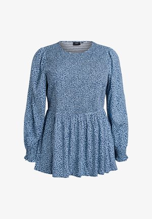 Sinine lilleline pluus, valmistatud kergest kangast. Omab pikki varrukaid, ümarat kaelust ja kogutud peplumi äärega tekstuurses viimistluses.