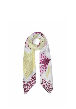 Sciarpa leggera con stampa floreale e leopardata in tonalità di bianco, giallo, rosa e bordeaux, piegata a forma di anello con estremità appuntite.