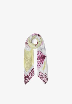 Sciarpa leggera con stampa floreale e leopardata in tonalità di bianco, giallo, rosa e bordeaux, piegata a forma di anello con estremità appuntite.