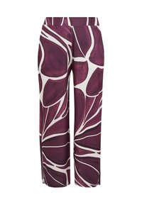 Wijd uitlopende broek gemaakt van lichtgewicht stof met een gedurfd donker bordeauxrood en wit bladmotief. Platte tailleband zonder zichtbare zakken.