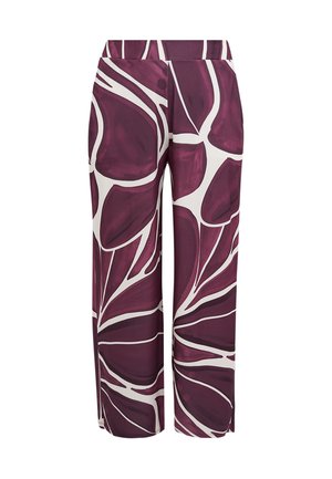 Wijd uitlopende broek gemaakt van lichtgewicht stof met een gedurfd donker bordeauxrood en wit bladmotief. Platte tailleband zonder zichtbare zakken.
