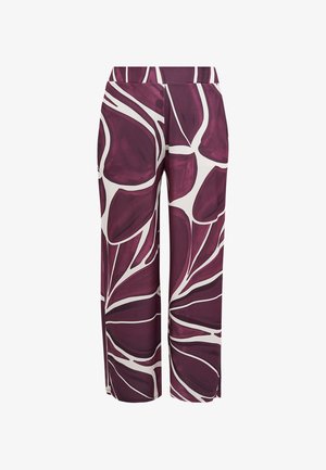 Weit geschnittene Hosen aus leichtem Stoff mit auffälligem dunkelburgunderrotem und weißem Blattmuster. Flacher Bund und keine sichtbaren Taschen.