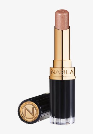 Lipstick with shimmery nude shade, gold and black tube, and cap featuring gold emblem with letter N.
