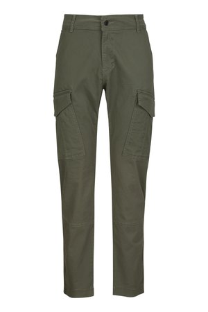 Cargo-Hosen in olivgrün, aus Baumwollstoff gefertigt, mit zwei seitlichen Taschen und zusätzlichen Nähdetails entlang der Beine.