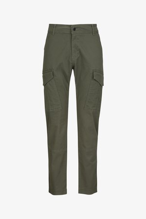 Olijfgroene cargo-broeken, gemaakt van katoen, met twee zijzakken en extra stikdetails langs de benen.