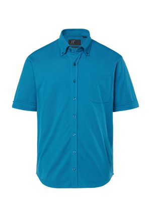 Chemise turquoise à manches courtes avec boutons sur le devant, poche poitrine et col boutonné, fabriquée en tissu lisse.