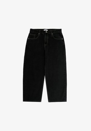 Schwarze Denim-Jeans mit einem lockeren, weiten Bein-Design. Verfügt über fünf Taschen, kontrastierende gelbe Nähte und einen Knopfverschluss an der Taille.