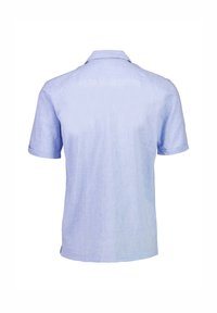 Lyhythihainen, vaaleansininen pellava-paita, jossa on napillinen kaulus ja rento istuvuus, jossa hihansuut on käännetty. Yksinkertainen muotoilu ja tekstuuri.