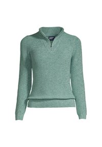 Maglione verde chiaro con zip al collo, caratterizzato da una texture a coste, maniche lunghe e vita aderente. Il tessuto è morbido e omogeneo, progettato per il comfort.
