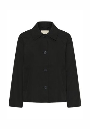 Melna jaka ar klasisku apkakli, priekšpuses pogas aizdari, sānu kabatām un vaļēju siluetu, izgatavota no gludas, austas auduma.