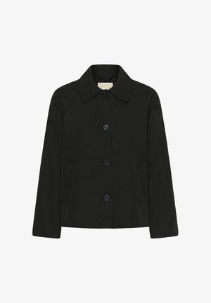 Giacca nera con colletto classico, chiusura frontale con bottoni, tasche laterali e silhouette rilassata, realizzata in tessuto liscio e tessuto.