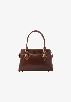 Sac à main en cuir marron avec une forme structurée, deux poignées et des accents en métal. Il présente des détails de couture et une fermeture éclair.