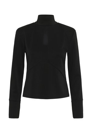 Schwarzes Langarm-Turtleneck-Oberteil mit einem kleinen Tränenförmigen Ausschnitt in der Mitte vorne und enganliegenden Manschetten.