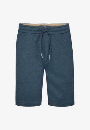 Blå atletiske shorts lavet af et tekstureret stof, med elastik i taljen, snor og syede kanter.