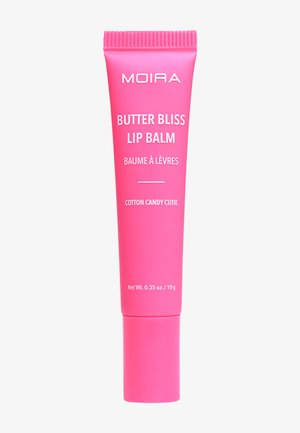 Kirkkaan vaaleanpunainen Moira Butter Bliss -huulivoide, Cotton Candy Cutie -maku, 10 g, valkoinen teksti edessä.