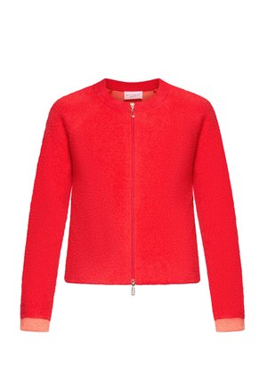 Rode fleecejas, ritssluiting aan de voorkant, ronde halslijn, lange mouwen, gestructureerd oppervlak, contrasterende lichte manchetten, casual ontwerp.