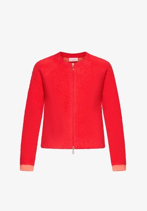 Rode fleecejas, ritssluiting aan de voorkant, ronde halslijn, lange mouwen, gestructureerd oppervlak, contrasterende lichte manchetten, casual ontwerp.