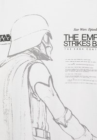 Darth Vader sketch facing left with "Star Wars: The Empire Strikes Back" title and partial screenplay text on the right side.