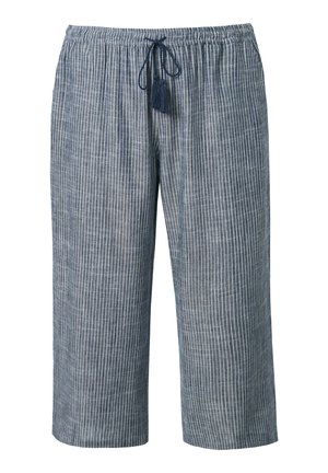 Blau-weiße vertikal gestreifte, locker sitzende cropped Hose mit elastischem Bund und marineblauen Kordelquasten.