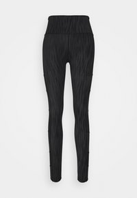 Czarne legginsy z fakturowanym wzorem, z wysokim pasem. Wykonane z elastycznego materiału, zaprojektowane dla komfortu i swobody ruchów.