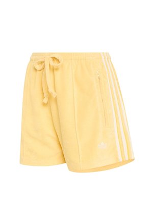 Žlté froté šortky s pásikom na stiahnutie v páse, bielymi bočnými pruhmi, prednou zipsovou vreckom a malým bielym logom.