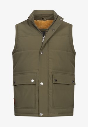 Oliwkowa, ocieplana kamizelka z wysokim kołnierzem, zamkiem błyskawicznym z przodu oraz kieszeniami na zatrzaski. Wnętrze wyłożone polarem dla dodatkowego ciepła.