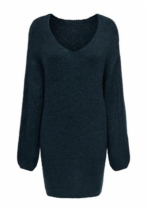 Tumši zila adīta džemperkleita ar plašu V-veida izgriezumu, garām piedurknēm un teksturētu virsmu, paredzēta brīvai piegulēšanai un siltumam.