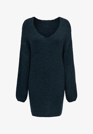 Granatowa dzianinowa sukienka swetrowa z szerokim dekoltem w serek, długimi rękawami i fakturowanym wykończeniem, zaprojektowana z myślą o luźnym kroju i cieple.