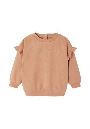 Langer Ärmel-Sweatshirt für Kleinkinder mit Rüschendetails an den Ärmeln und dem Schriftzug "MON P'TIT AMOUR" auf der Brust bestickt.