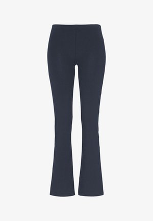 Mörkblå utsvängda byxor gjorda av mjukt bomullsblandat tyg; har en enkel design utan synliga stängningar eller mönster.