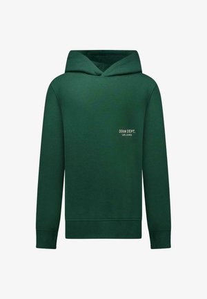 Donkergroene hoodie met lange mouwen en kleine witte tekst "Denim Dept. Cars Jeans" op de linkerborst.
