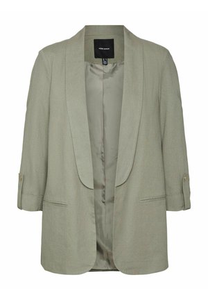 Světle zelený blazer s šálovým límcem, tříčtvrtečními rukávy a ohrnutými manžetami. Obsahuje hladkou vnitřní podšívku a boční kapsy.